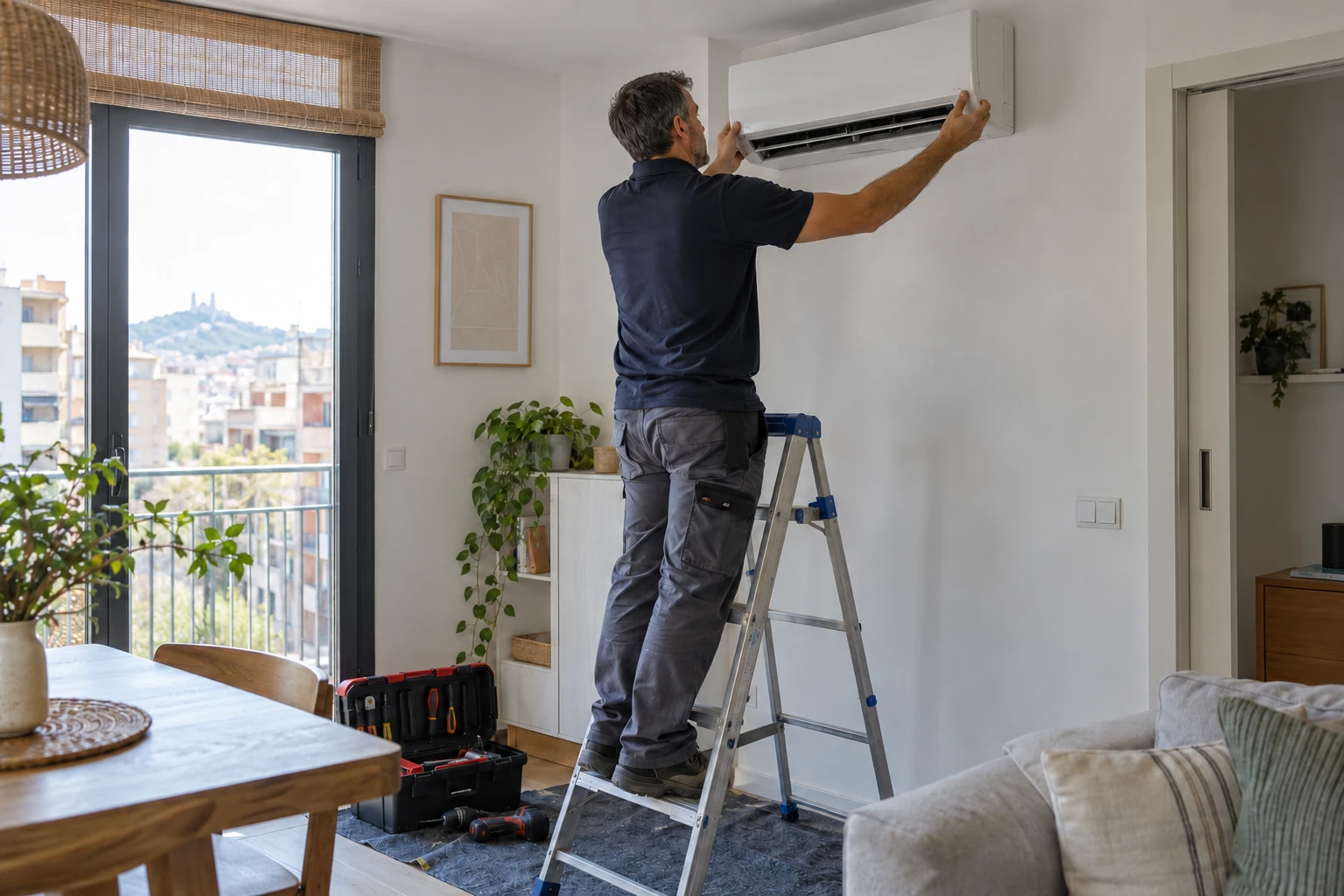 Escena il·lustrativa d’un tècnic instal·lant un split en un habitatge protegit i endreçat